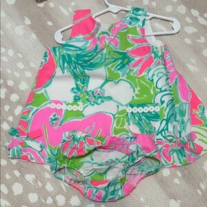 Lilly Pulitzer Pink Green White Floral Toddler Dress & Bloomers